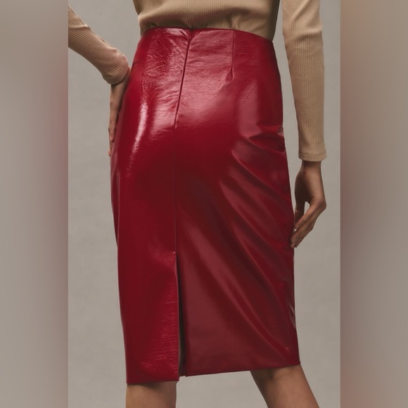 Shiny Red Pleather Knee Length Skirt - Picture 2 of 3